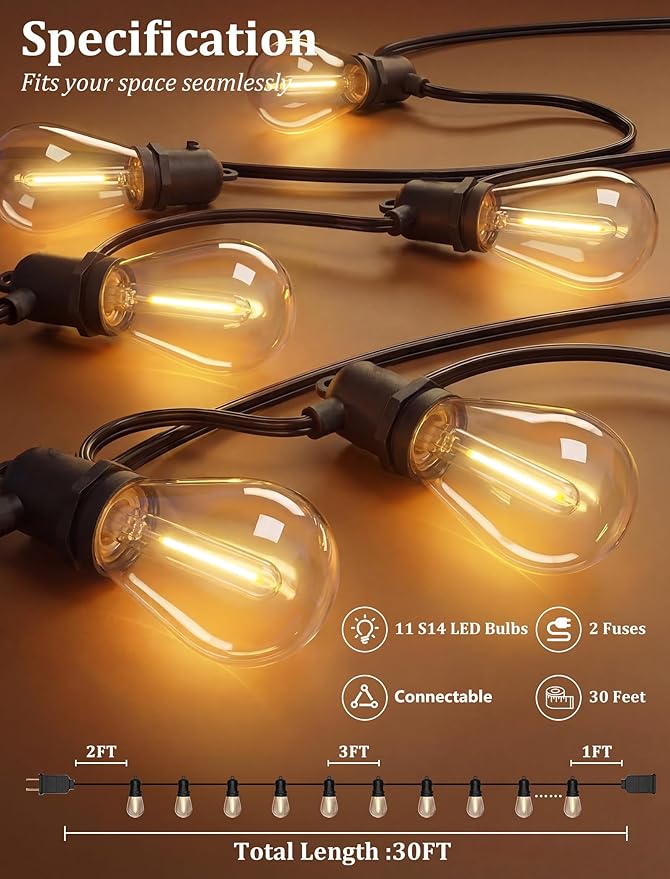 S14 Patio String Lights, 30FT Outdoor Patio String Light with 11 Clear LED Bulbs (1 Spare), UL Certified Waterproof Hanging Lights for Outdoor & Indoor - Commercial Grade Black Wire