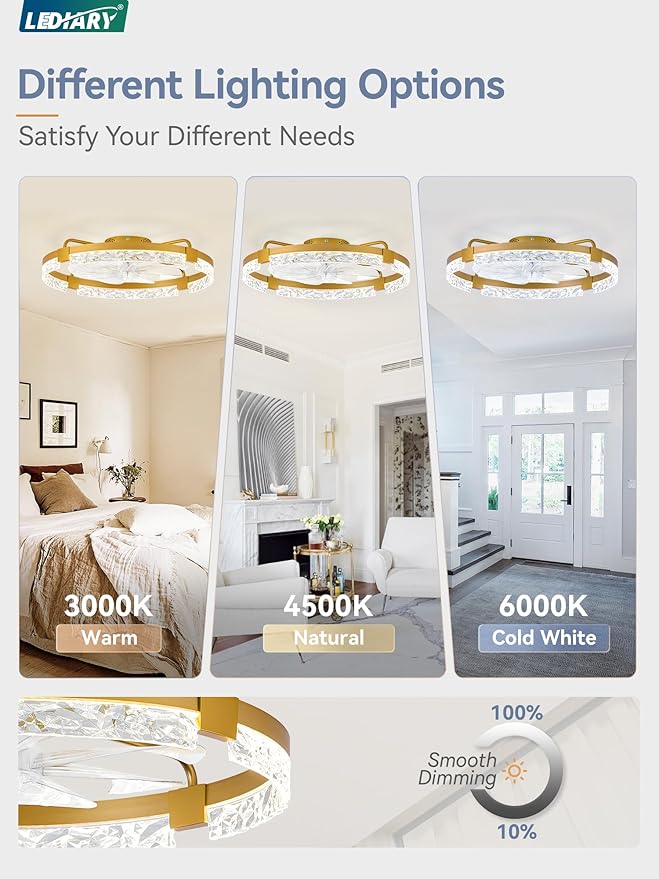LEDIARY 2 Pack 24 Inch Low Profile Ceiling Fans with Lights and Remote, Fandelier Modern Ceiling Fan, 3000K-6000K Dimmable LED Fan Light, Gold Flush Mount Ceiling Fans with Lights for Bedroom
