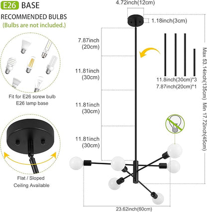 Sputnik Chandelier, Black Modern Industrial Chandeliers 6-Light, Mid Century Ceiling Lighting Fixture for Living Room, Kitchen, Bedroom, Dining Room, Farmhouse