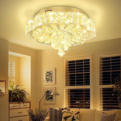 16in Gold Crystal Chandeliers for Living Room Dining Room Crystal Ceiling Light Fixtures Modern LED Flush Mount Light Dimmable 2700k-6000k