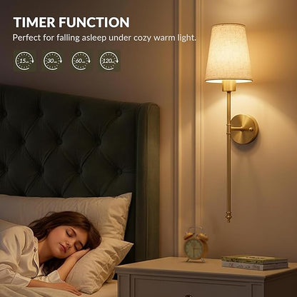 Battery Operated Wall Sconces Set of 2, Wireless Rechargeable Wall Lights with Remote, 5200mAh Dimmable LED Bulbs, 3 Color Temperatures, Gold Wall Sconce for Bedroom, Living Room, Hallway, 24 Inch