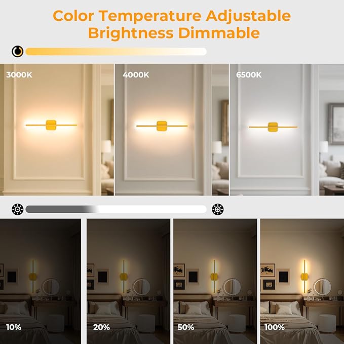 GvvooHome Battery Operated Wall Sconce Detachable 360°Rotate, Wireless Wall Lamp 3000-6500K Dimmable, 10000mAh Rechargeable Wall Light for Bedroom, Living Room，28.3" Black Gold 4 Pack