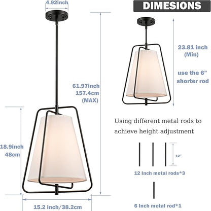 HYDELITE Vintage Black Pendant Light with 15" Off-White Linen Fabric Shade Adjustable Height Chandelier with Metal Frame for Kitchen Island Bedroom Dining Room Living Room