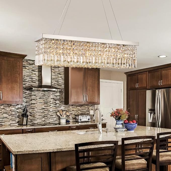 Saint Mossi 5-Lights K9 Crystal Chandelier for Dining Room, Rectangular Pendant Light Fixture for Kitchen Island, Raindrop Flush Mount Ceiling Light Fixture,H9 x W10 x L31, Chain Adjustable