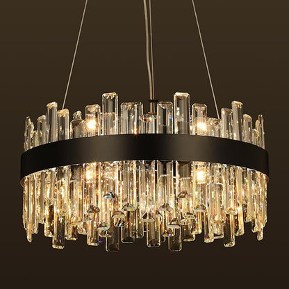 Crystal Chandeliers for Dining Room Lights Fixtures, 12 Lights Luxury Black Modern Chandeliers for Bedroom, 2-Tier Round Crystal Lighting Fixtures for Living Room Entryway Kitchen Island D20 Inch