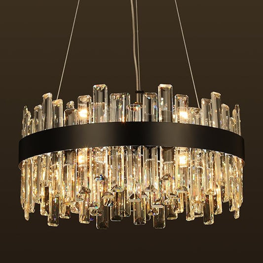 Crystal Chandeliers for Dining Room Lights Fixtures, 12 Lights Luxury Black Modern Chandeliers for Bedroom, 2-Tier Round Crystal Lighting Fixtures for Living Room Entryway Kitchen Island D20 Inch