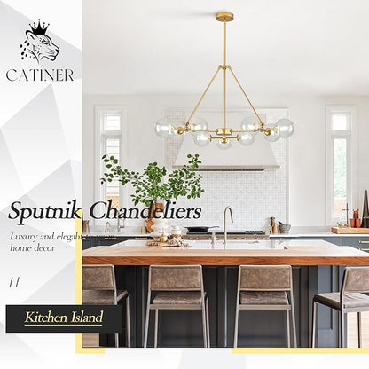 CATINER L40”Sputnik Chandeliers 9-Lights Modern Gold Chandelier Mid Century Ceiling Pendant Light Fixtures with Clear Glass Globe Shades for Kitchen Bedroom Living Dining Room Foyer Entryway