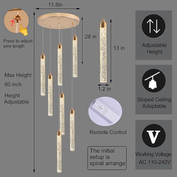 Crystal Staircase Chandelier, Modern Gold Spiral Dimmable LED Cluster Raindrop Foyer Chandelier Lighting, Bubble Living Room Hanging Light Fixture 7 Light Remote Control