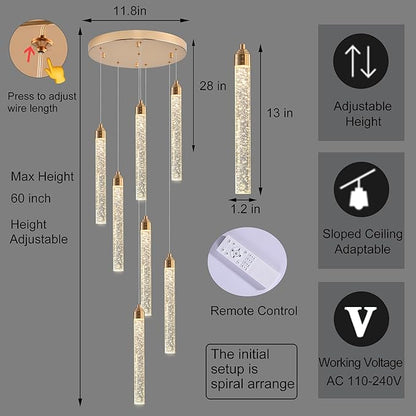 Crystal Staircase Chandelier, Modern Gold Spiral Dimmable LED Cluster Raindrop Foyer Chandelier Lighting, Bubble Living Room Hanging Light Fixture 7 Light Remote Control