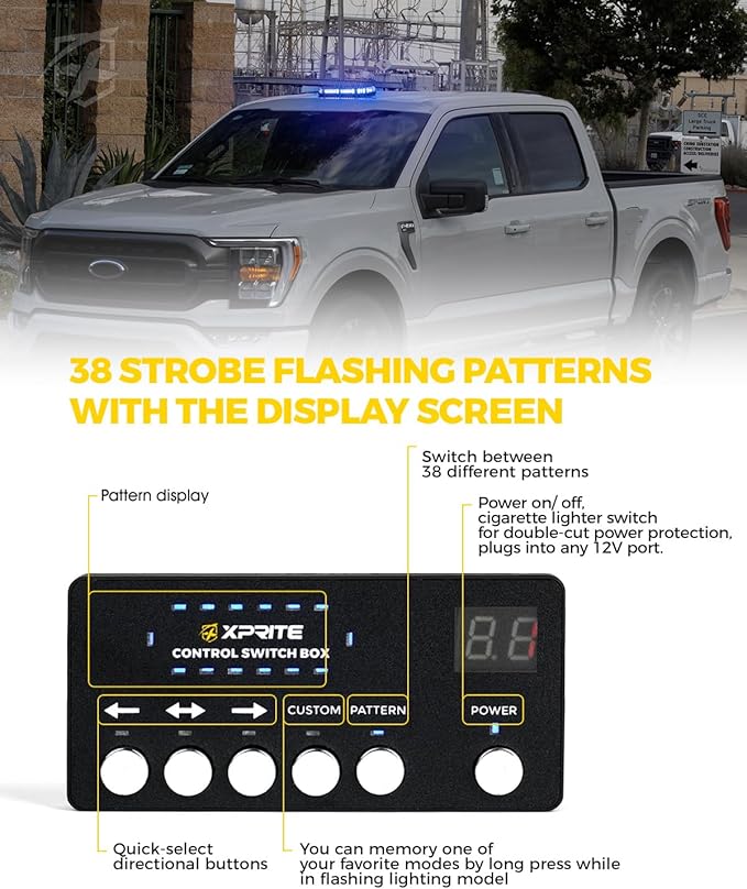 Xprite Blue Rooftop Emergency Strobe Light Bar, Beacon Safety Flashing Police Lights w/Control Panel Magnetic Base for Police Law Enforcement POV Vehicles Trucks