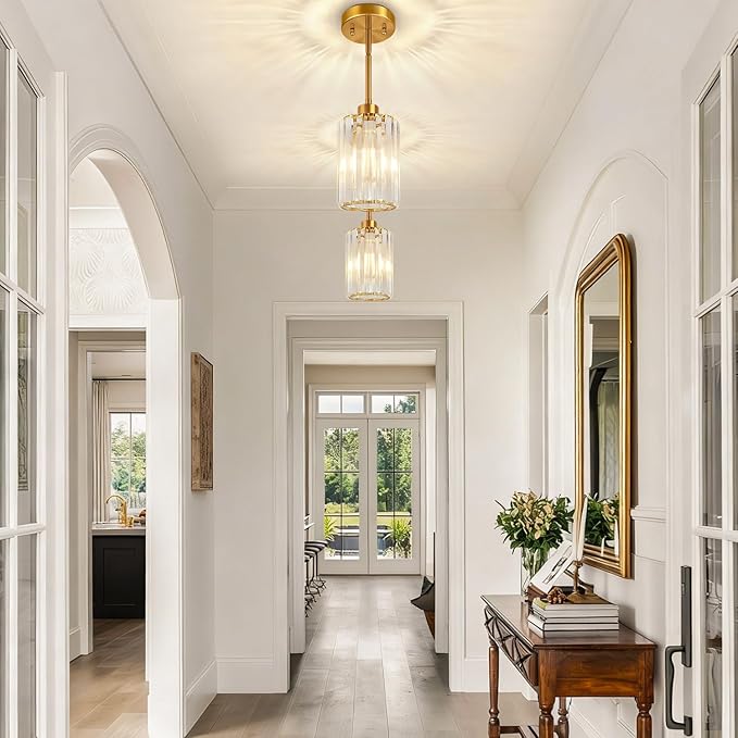 1 Pack Brushed Gold Pendant Lights Kitchen Island, Modern Crystal Chandelier Kitchen Pendant Lighting Over Island, Adjustable Hanging Mini Light Fixtures for Dining Room Hallway Corridor Bedroom