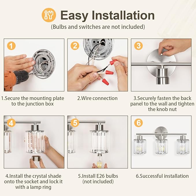 Crystal Bathroom Light Fixtures, Bathroom Lighting Fixtures Over Mirror, Modern 3-Light Gold Vanity Lights for Mirror, Restroom, Kitchen(Ceramic E26 Socket,Bulbs Not Include)