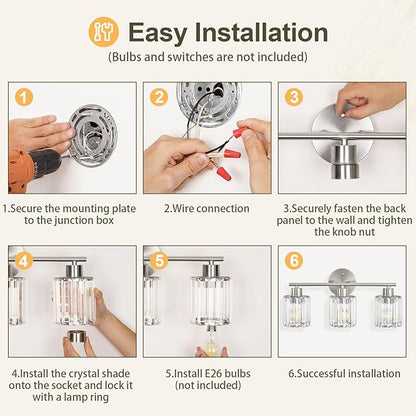Crystal Bathroom Light Fixtures, Bathroom Lighting Fixtures Over Mirror, Modern 3-Light Gold Vanity Lights for Mirror, Restroom, Kitchen(Ceramic E26 Socket,Bulbs Not Include)