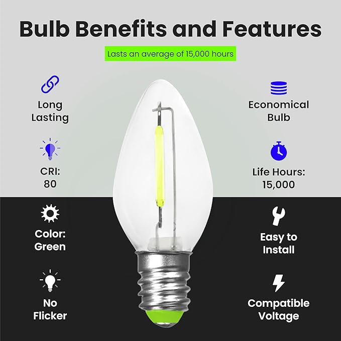 Feit Electric BPC7/G/LEDG2/2/6 7W Equivalent 0.1 Watt Candelabra Base Holiday Party Decorative LED C7 Light Bulb, 2.15" H x 1" D, Green, 12