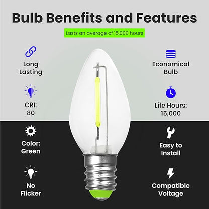 Feit Electric BPC7/G/LEDG2/2/6 7W Equivalent 0.1 Watt Candelabra Base Holiday Party Decorative LED C7 Light Bulb, 2.15" H x 1" D, Green, 12