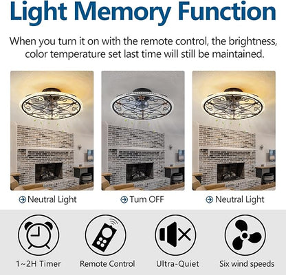 Caged Ceiling Fan with Lights Remote Control, 6 Speeds 3 Color Farmhouse Industrial Ceiling Fan with Light for Kitchen Bedroom Living Room