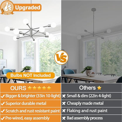 Sputnik Chandeliers Dining Room Light Fixture (10-Light, 32-Inch), Modern Brushed Nickel Chandelier, Height Adjustable Mid Century Modern Chandeliers for Living Room Entryway (Bulbs Not Included)