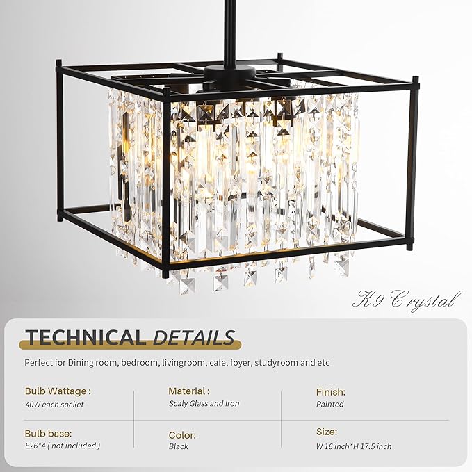 Miuyhji Black Chandeliers for Dining Room, Black Square Industrial Chandelier Crystal Pendant Light for Kitchen Island Dining Room Living Room Flat and Inclined Ceiling,L16 x W16 x H17.5