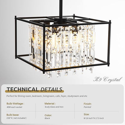 Miuyhji Black Chandeliers for Dining Room, Black Square Industrial Chandelier Crystal Pendant Light for Kitchen Island Dining Room Living Room Flat and Inclined Ceiling,L16 x W16 x H17.5