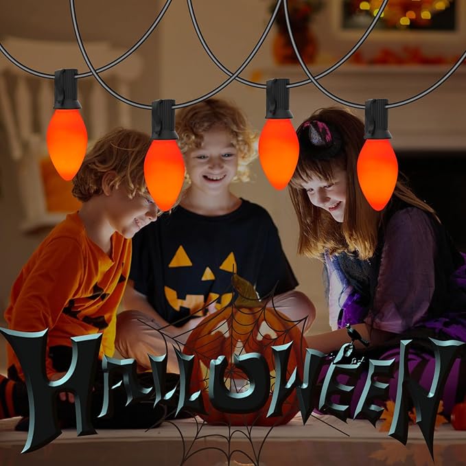 C7 Halloween Lights, 25FT Halloween C7 String Lights with 27 Orange Bulbs, Hanging Halloween Decoration Lights for Outdoor Indoor Patio Home Party Garden Yard-Black Wire