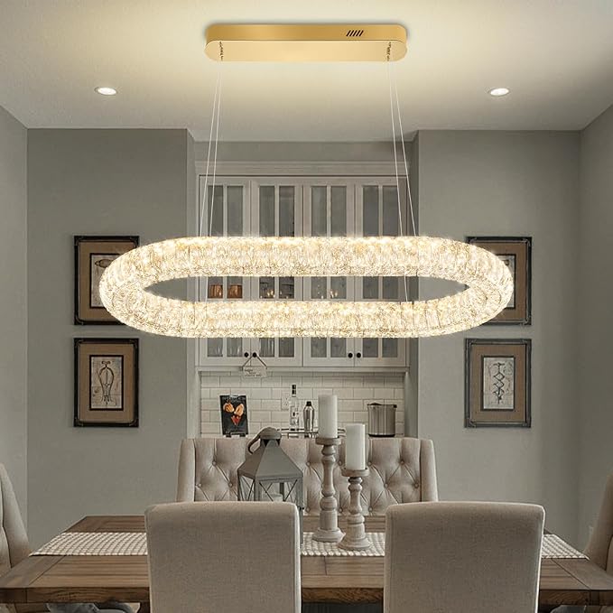 Led Ring Chandelier, Modern Linear Oval Chandelier for Dining Room 31.5in Gold Crystal Ring Pendant Light Dimmable 3000K-6000K