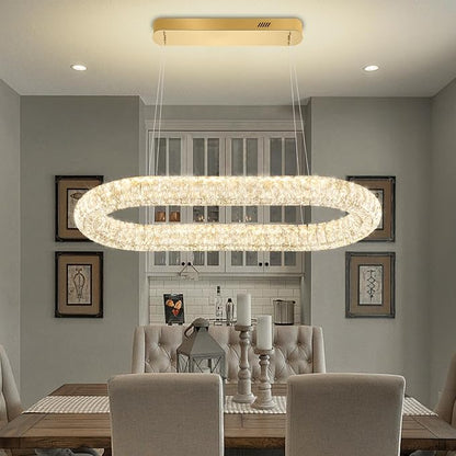 Led Ring Chandelier, Modern Linear Oval Chandelier for Dining Room 31.5in Gold Crystal Ring Pendant Light Dimmable 3000K-6000K