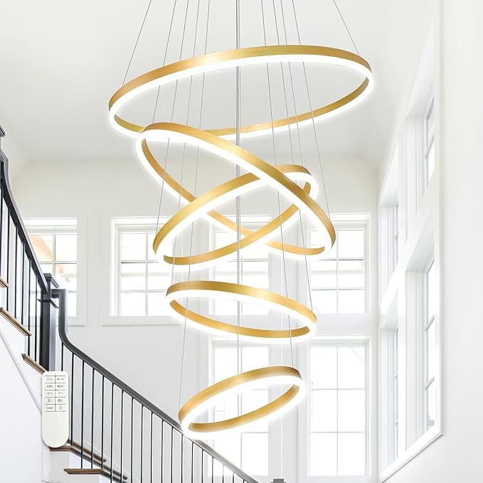 5 Rings Pendant Lights Modern Gold Led Chandelier Gold Modern Led Pendant Light Dimmable Height Adjustable Chandeliers for Dining Room Bedroom Entryway Living Room Foyer (3000K-6000K)