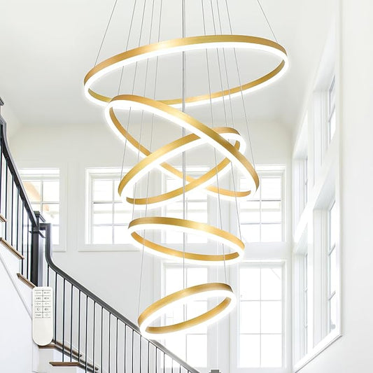 5 Rings Pendant Lights Modern Gold Led Chandelier Gold Modern Led Pendant Light Dimmable Height Adjustable Chandeliers for Dining Room Bedroom Entryway Living Room Foyer (3000K-6000K)
