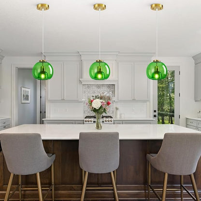 Green Glass Pendant Lights Kitchen Island Gold Hanging Light Fixture Glass Globe Pendant Light Modern Pendant Lighting for Kitchen Island Bedroom Dining Room (7.87", 1 Pack)