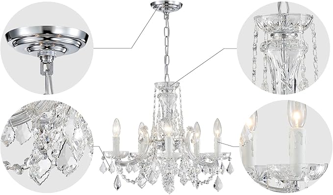 AGV LIGHTING CH001S Modern K9 Crystal Chandelier, Maria Theresa Style Light Fixture, 5-Lights, D20 x H18, Adjustable Chain 59", Chrome Finish Frame