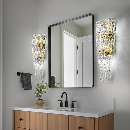 Modern K9 Crystal Wall Sconce, Gold Finish Wall Light Fixture, Acrylic Crystal Drops Wall Lamp Bedside Light 3 Tiers Crystal Wall Lamp for Bedroom Living Room，E12 Base