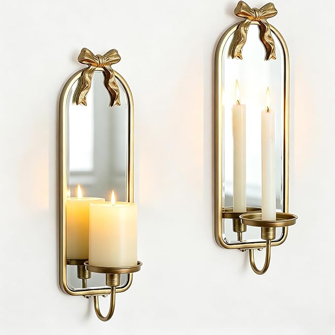 Gold Candle Sconces Wall Decor: Modern Decorative Wall Candle Holder Set of Two for Bedroom - Vintage French Metal Bow Mirror Sconces Beside Fireplace TV