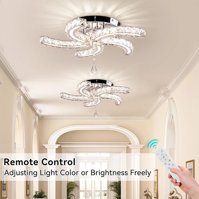 19.7" Dimmable Crystal Chandeliers Modern Crystal Ceiling Light Fixtures Acrylic 5 Arms Led Flush Mount Ceiling Light Lamp for Dining Room Living Room Bedroom Hallway Remote Control