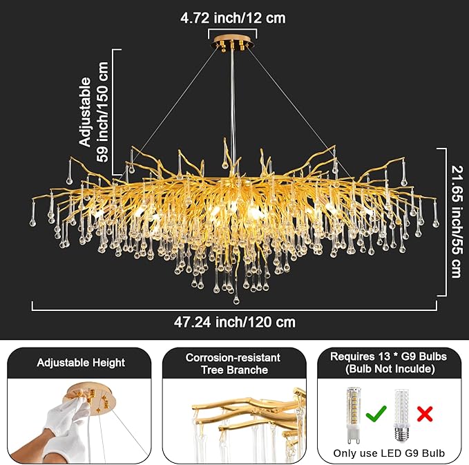 Gold Chandeliers for Dining Room Crystal Tree Branch Chandelier,47.24 Inch Modern Raindrop Chandeliers,Oval Dining Table Chandelier for Living Room,Entryway
