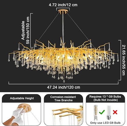Gold Chandeliers for Dining Room Crystal Tree Branch Chandelier,47.24 Inch Modern Raindrop Chandeliers,Oval Dining Table Chandelier for Living Room,Entryway