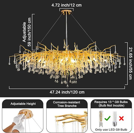Gold Chandeliers for Dining Room Crystal Tree Branch Chandelier,47.24 Inch Modern Raindrop Chandeliers,Oval Dining Table Chandelier for Living Room,Entryway