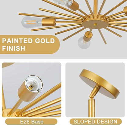 Gold Semi Flush Mount Ceiling Light, 27.5 Inch 5-Light Large Sputnik Flush Mount Light Fixtures, Modern Mid Century Sloped Ceiling Lighting for Kitche n, Entryway, Bedroom, Living Room
