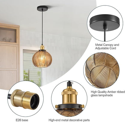 7.8in Vintage Pendant Light 1- Light Kitchen Sink Pendant Lights with Amber Hand Blown Glass Small Hanging Lamp for Kitchen Island Dining Room Bedroom Bathroom Hallway E26