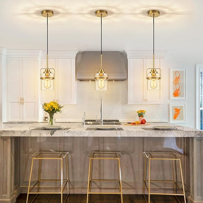 Modern Brass Pendant Lights Kitchen Island Light, Adjustable Hanging Light Fixture with Clear Glass Shade, Farmhouse Pendant Light for Dining Room Bar Over Sink/Table/Counter, 1 Pack