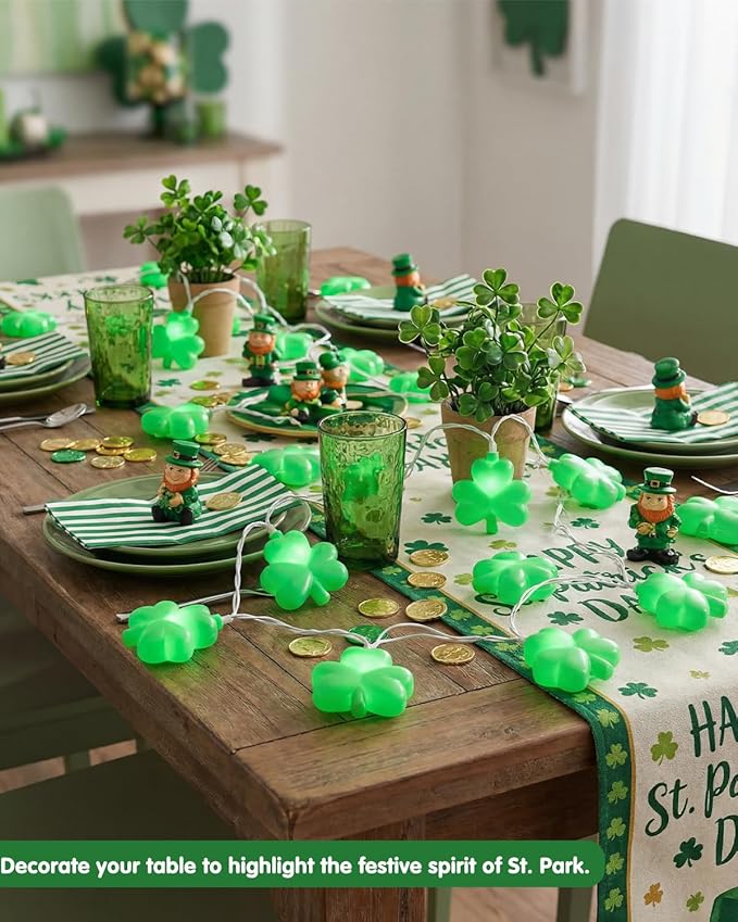 SUNSGNE St. Patrick's Day Lights Shamrocks Decorative String Light, Lucky Clover String Lights with 10 LED Green Fairy Bulbs for Indoor Outdoor St. Patrick's Party Holiday Decor, White Wire