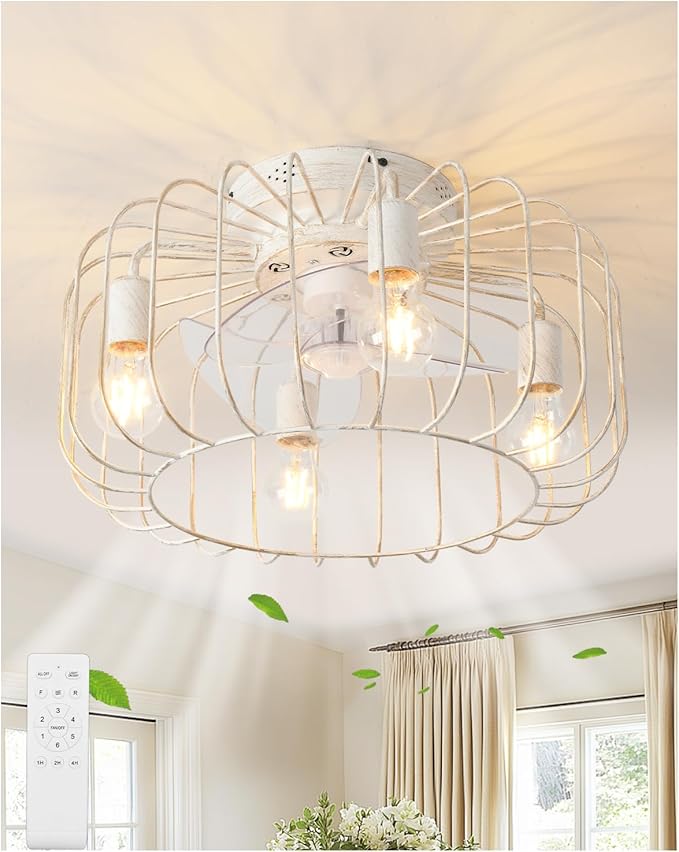 Farmhouse Ceiling Fan with Lights and Remote, 18 inch Low Profile Flush Mount Industrial Ceiling Fan Chandelier, Rustic Enclosed Fan Light for Kitchen Dining Room Bedroom