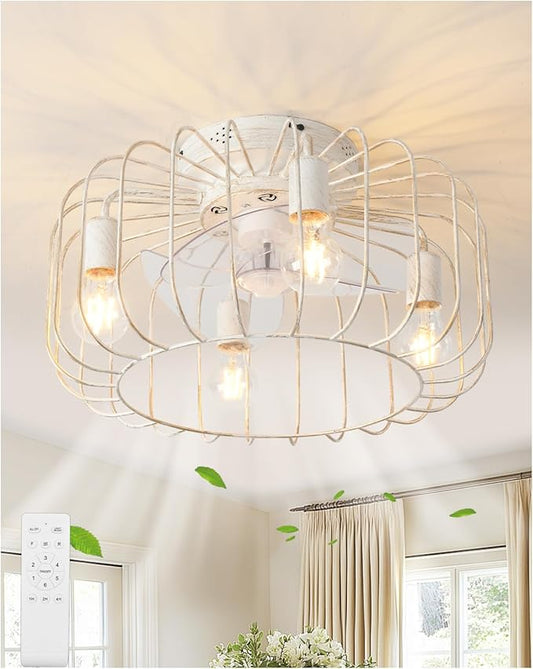 Farmhouse Ceiling Fan with Lights and Remote, 18 inch Low Profile Flush Mount Industrial Ceiling Fan Chandelier, Rustic Enclosed Fan Light for Kitchen Dining Room Bedroom