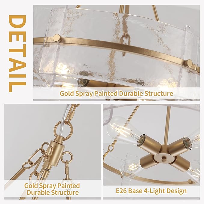 Modern Dining Room Chandelier, 22 inch Gold Textured Glass Drum Chandelier Luxury Crystal Hanging Lighting for Living Room Foyer Kitchen Island Bedroom
