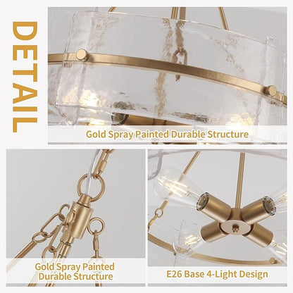 Modern Dining Room Chandelier, 22 inch Gold Textured Glass Drum Chandelier Luxury Crystal Hanging Lighting for Living Room Foyer Kitchen Island Bedroom