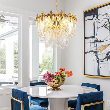 Antique Chandeliers 2-Layer Gold Crystal Glass Chandelier, 4-Light Round Pendant Light 17.7" Brushed Brass Adjustable Height, Applicable to Dining Room, Bedroom, Living Room, Foyer, Kitchen Island