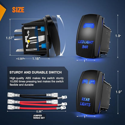 Nilight 2 Pack Rear Lights Rocker Switch Led Light Bar Switches 5Pin Laser On Off SPST switches 20A/12V 10A/24V Blue with Jumper Wires Set for Cars Trucks RVs