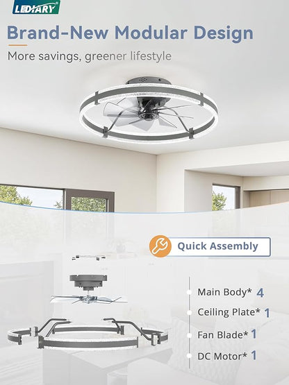 LEDIARY Ceiling Fans with Lights and Remote, 24'' Low Profile Ceiling Fan with Light, 3000-6000K Dimmable Fandelier Ceiling Fans, Modern Flush Mount Fan for Bedroom with 6 Wind Speeds- Sandy Gray