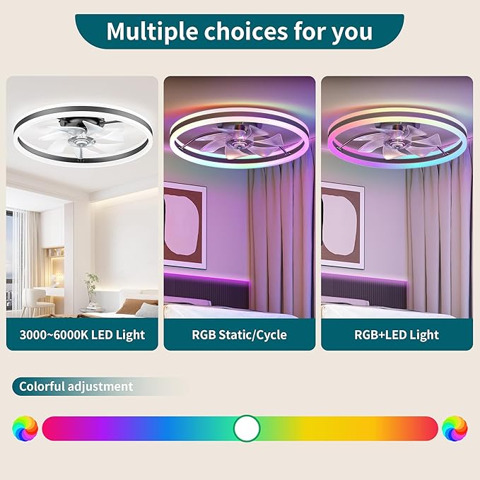 Ceiling Fans with Lights and Remote, 20" Low Profile Ceiling Fan, Dimmable Modern Flush Mount LED Fan Light, 6 Wind Speeds, Black Fandelier Ceiling Fans for Bedroom (Multicolor)
