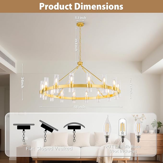 48 Inch Gold Chandelier, Wagon Wheel Chandelier with Glass Shade, 16-Lights Large Round Modern Farmhouse High Ceiling Pendant Lighting Fixtures for Dining Living Room, Kitchen Island, Foyer