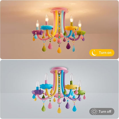 5-Light Children Candle Chandeliers, Modern Candy Design Flush Mount Close to Ceiling Light for Bedroom, Dining Room, Kitchen, Bathroom, D22 × H16 inch, Macaron Colorful Finish & K9 Crystal